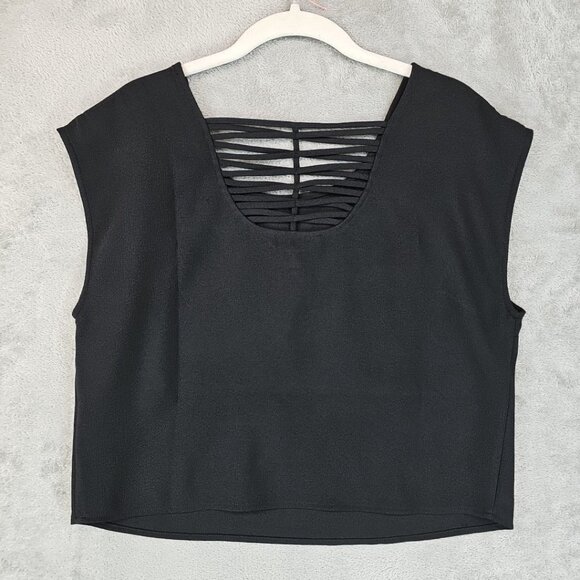 Express Crop Top Womens Size M Black Strappy Back Detail Cap Sleeve Stretch - Picture 6 of 6